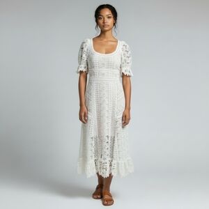 Self Portrait Scoop Neck Empire Waist Floral Lace Midi Dress Size 4 Ruffled